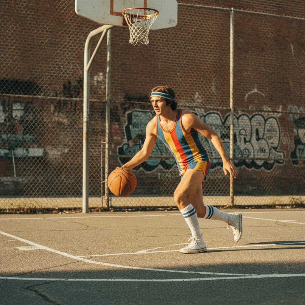 1970s sports photography transformation - 1970s sports photography generator transformation - basketball player with vintage Converse