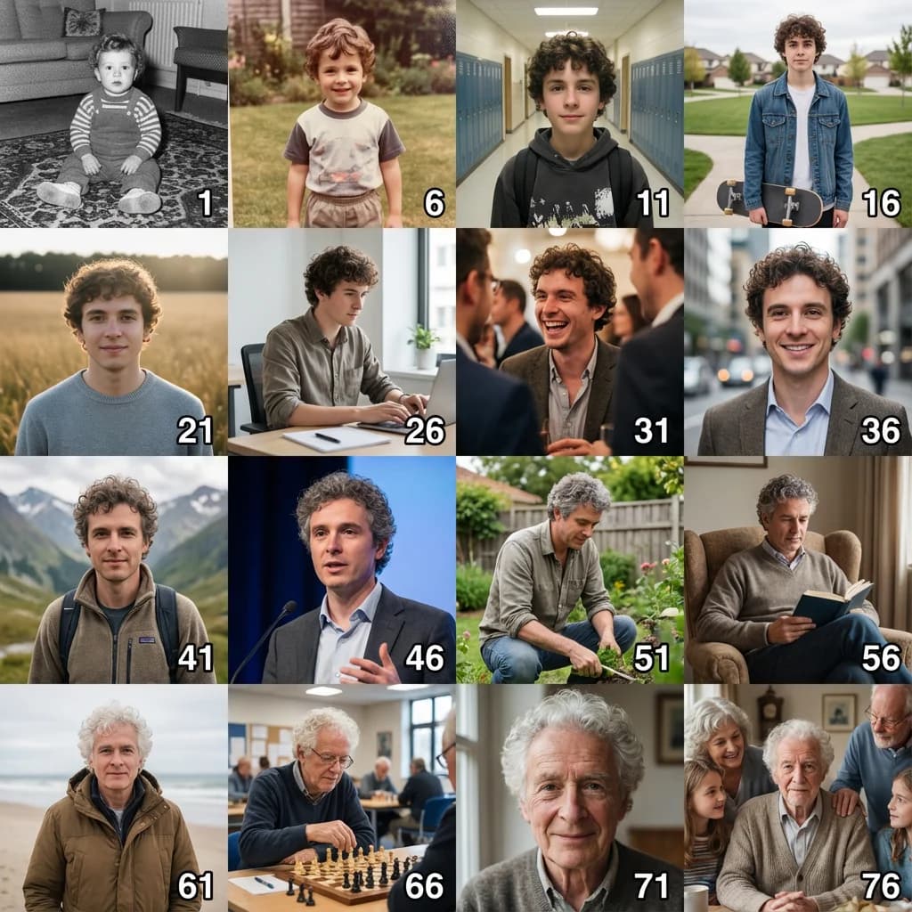 Age progression timeline showing young person aging through decades - complete life progression