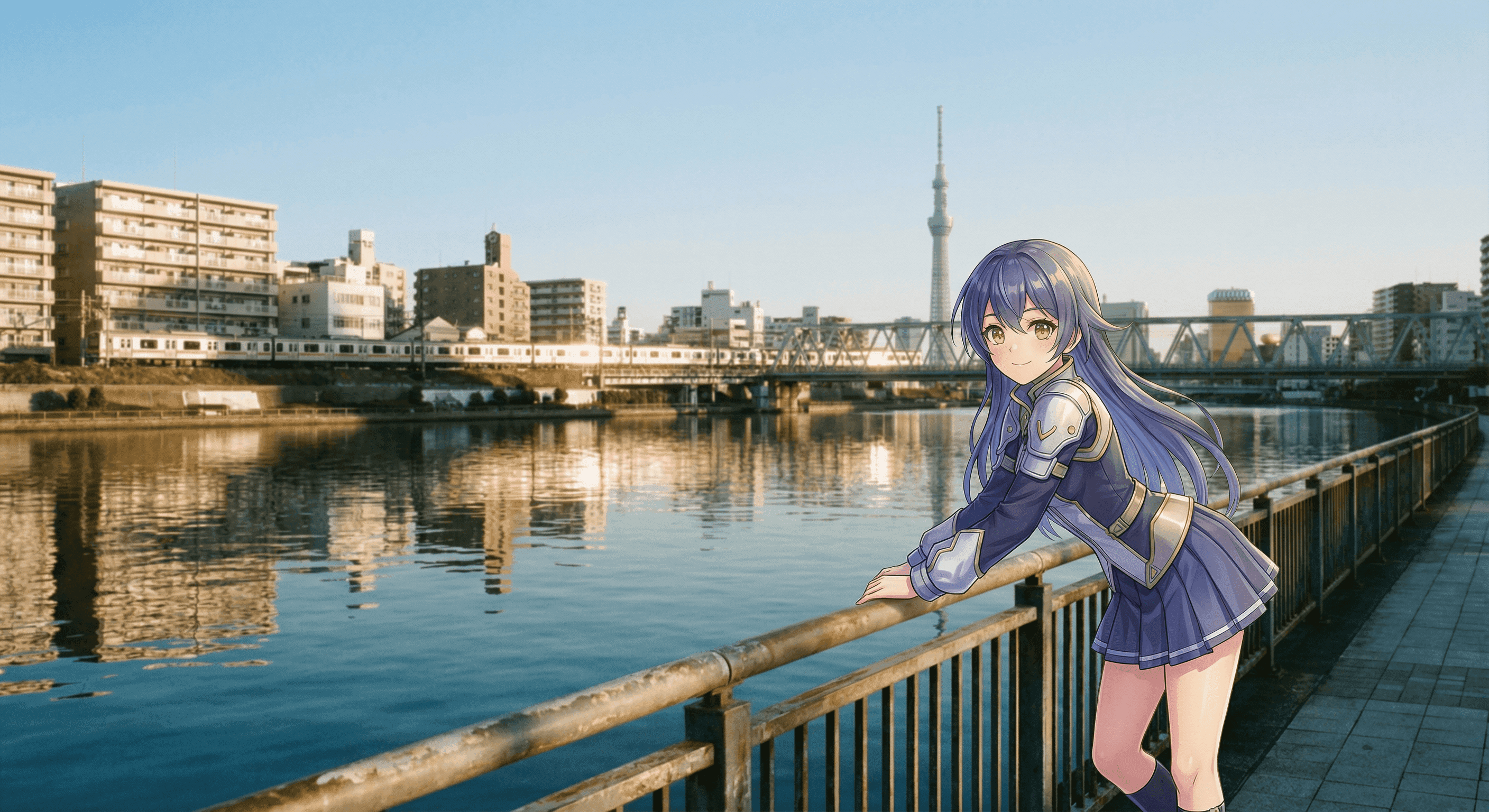 Anime character fused with Sumida River background
