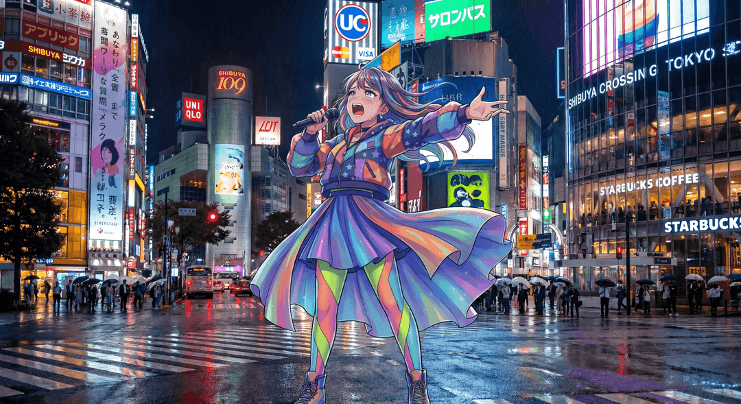 Singer character seamlessly fused with Tokyo night scene - neon lights and urban atmosphere