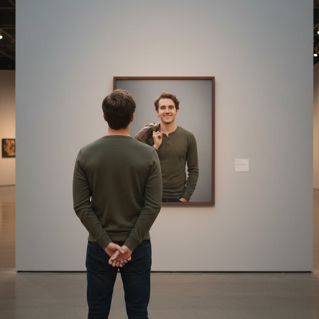 Person in contemplative pose viewing gallery portrait