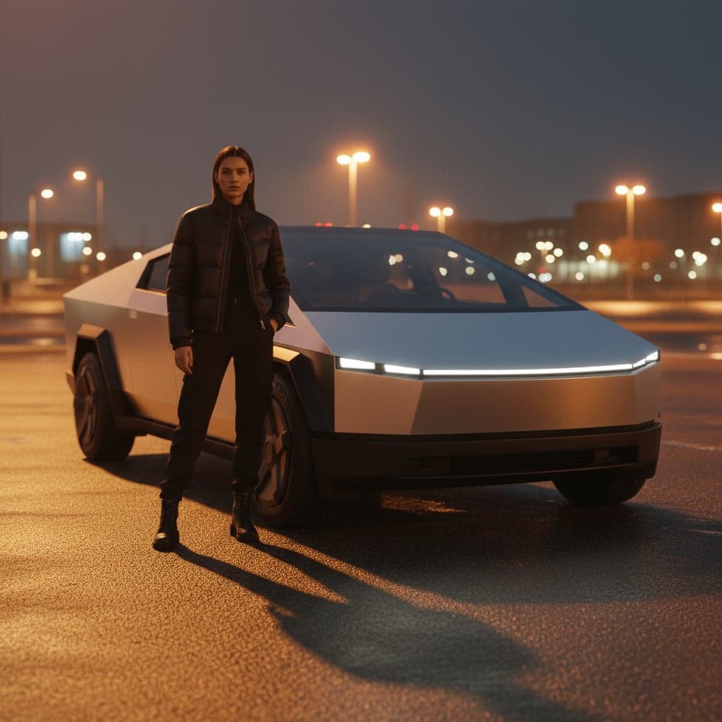 Tesla Cybertruck automotive lifestyle photography with model in urban street setting