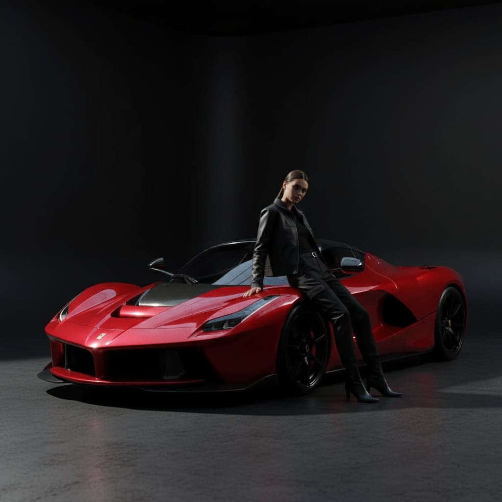 Sports car lifestyle photography at modern architecture during blue hour