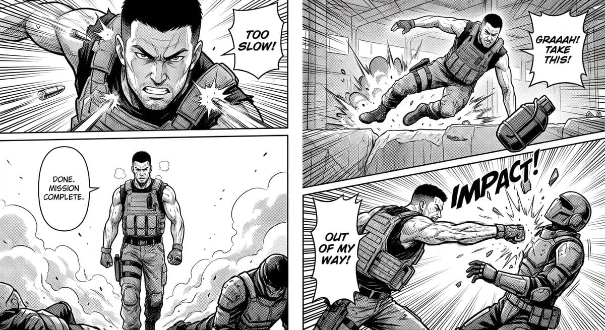 Generated dynamic manga action comic page with consistent character