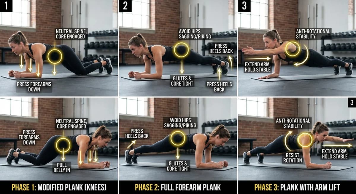 Plank progression with proper spine alignment