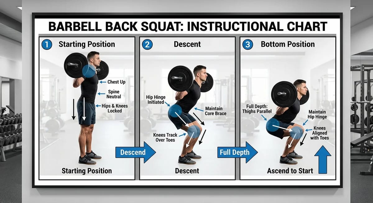 AI generated exercise chart showing squat form progression in 3 panels