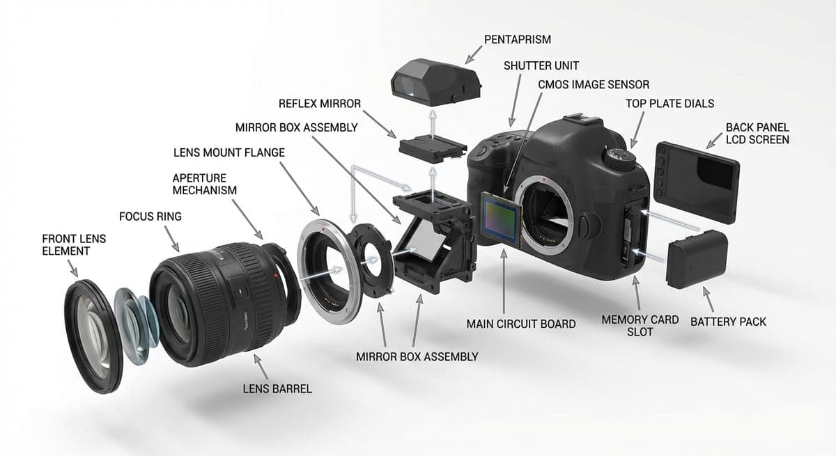 DSLR Camera - Photorealistic exploded view