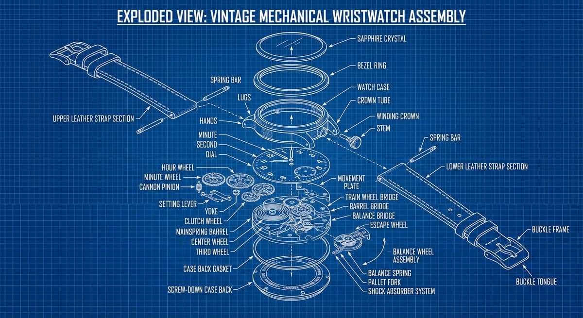 Mechanical Watch - Blueprint exploded view