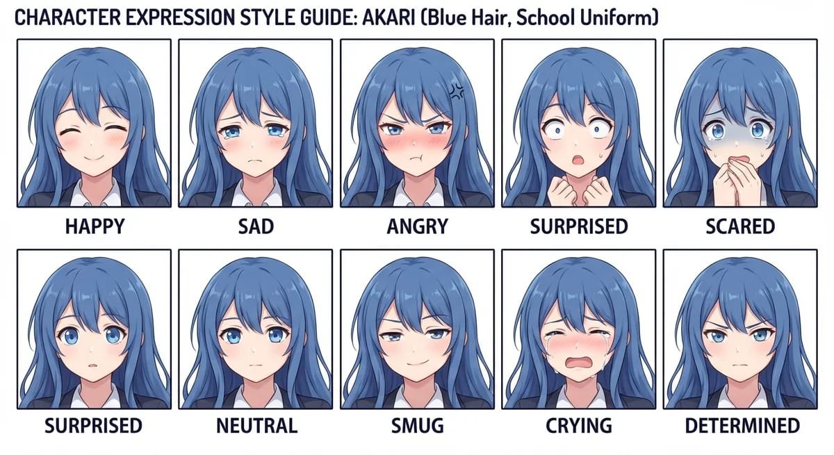 Example expression sheet showing 9 different character emotions