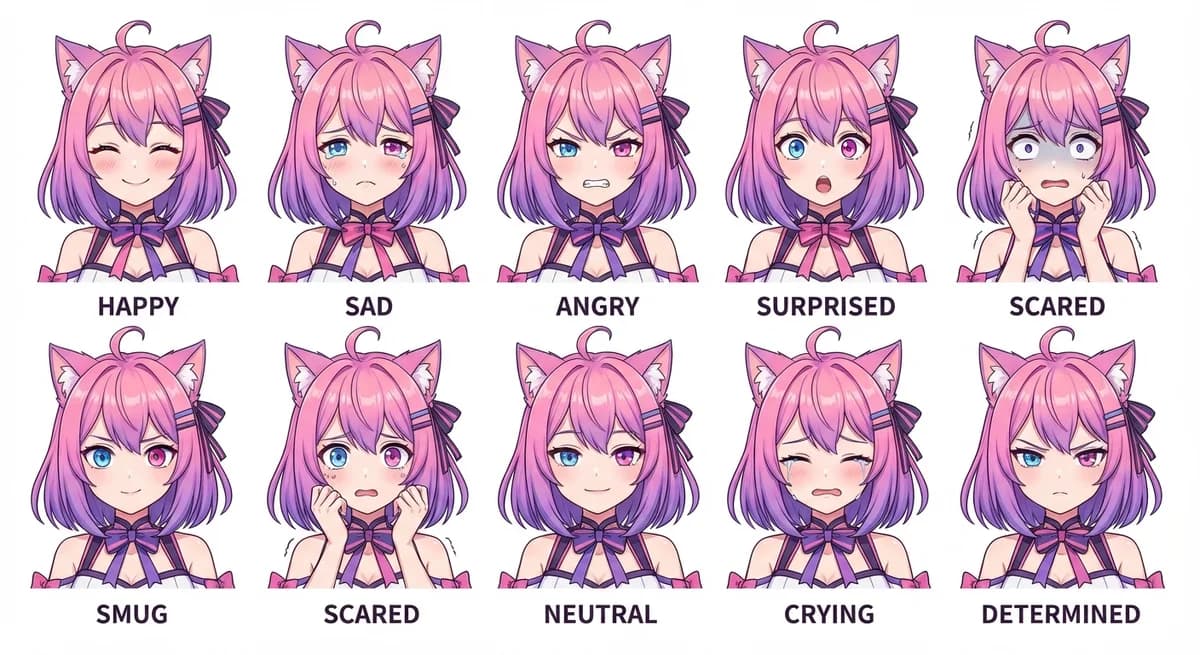 VTuber style expression sheet suitable for rigging and animation