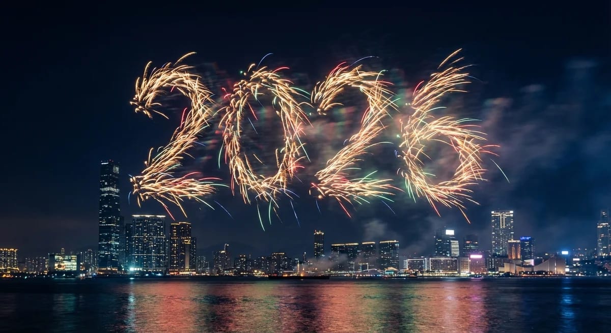 AI-generated fireworks forming 2026 over a waterfront city skyline with reflections