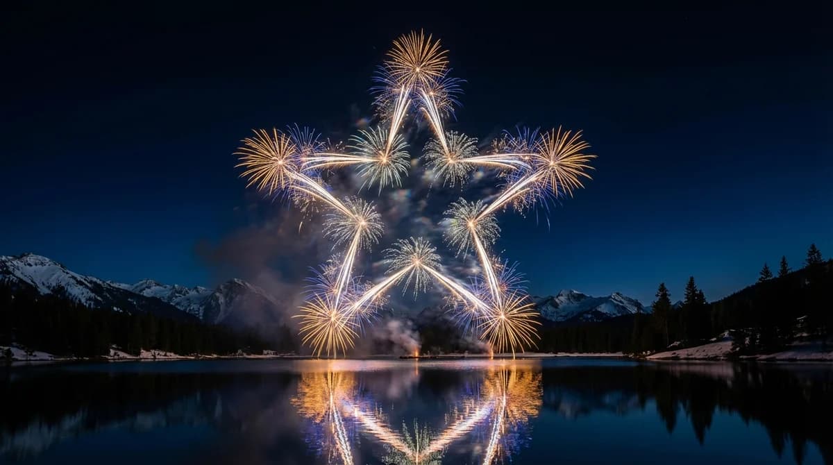 Five-pointed star fireworks display over mountains