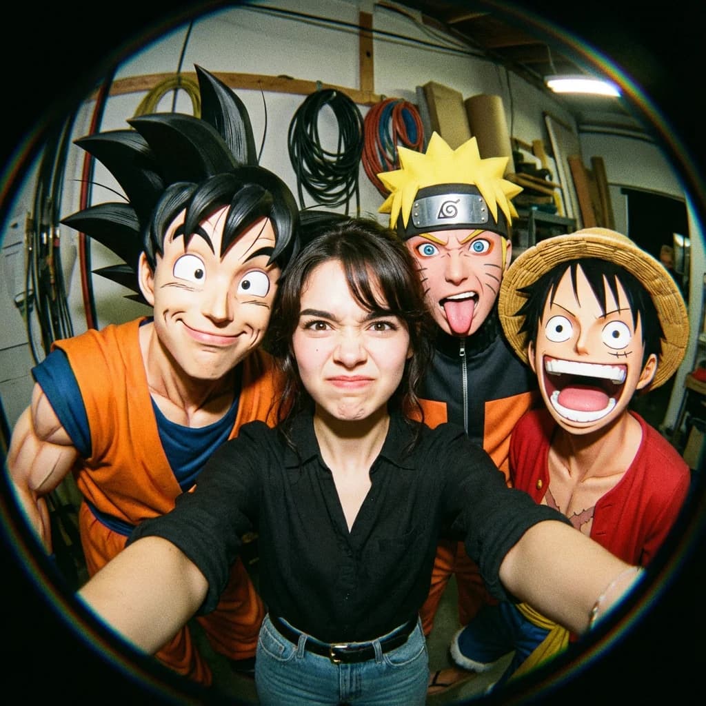 Fisheye selfie with anime characters