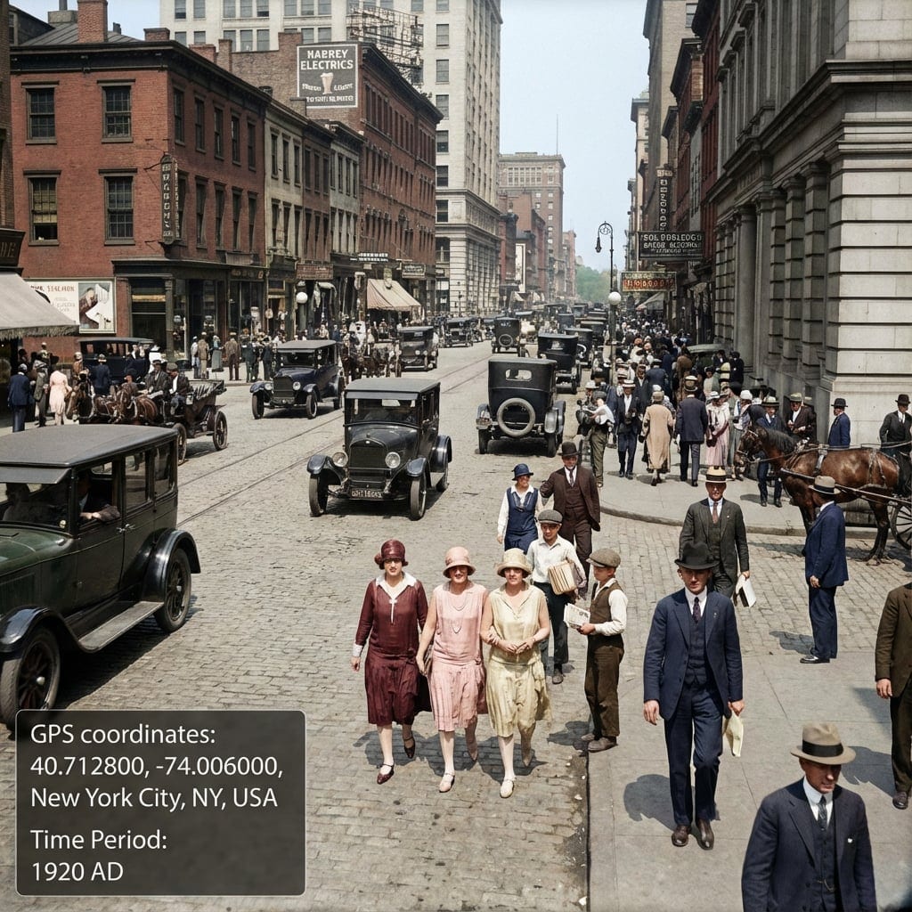 GPS location image example showing 1920s New York Manhattan with coordinate watermark