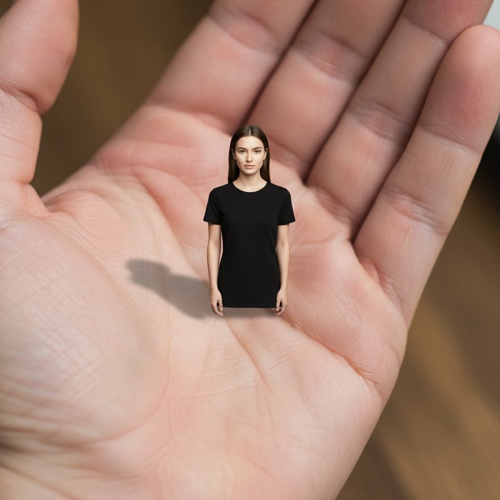 Hyper-miniature transformation - Miniature person standing in palm of hand with realistic lighting and shadows