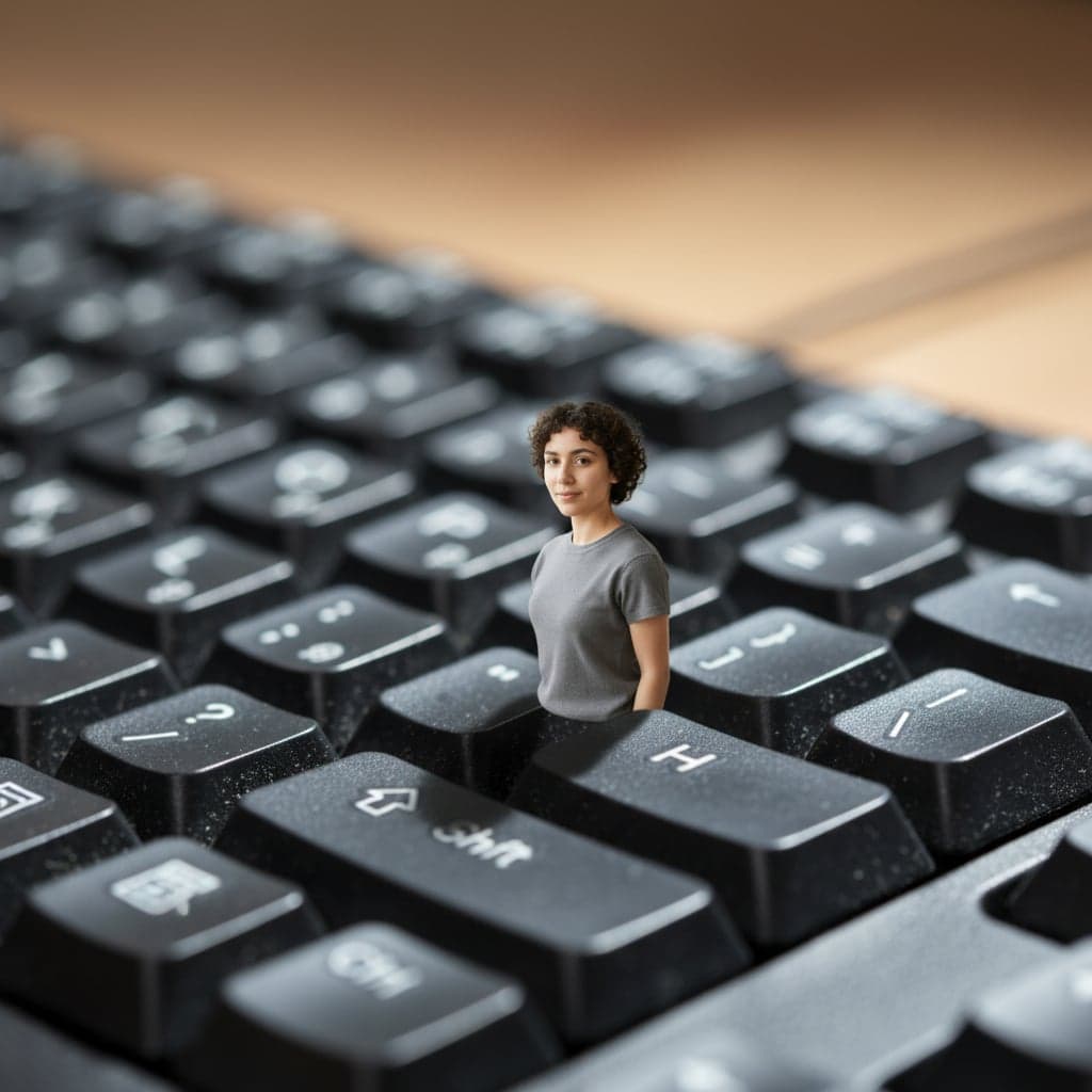Hyper-miniature transformation - Miniature person standing on computer keyboard with realistic key spacing and shadows