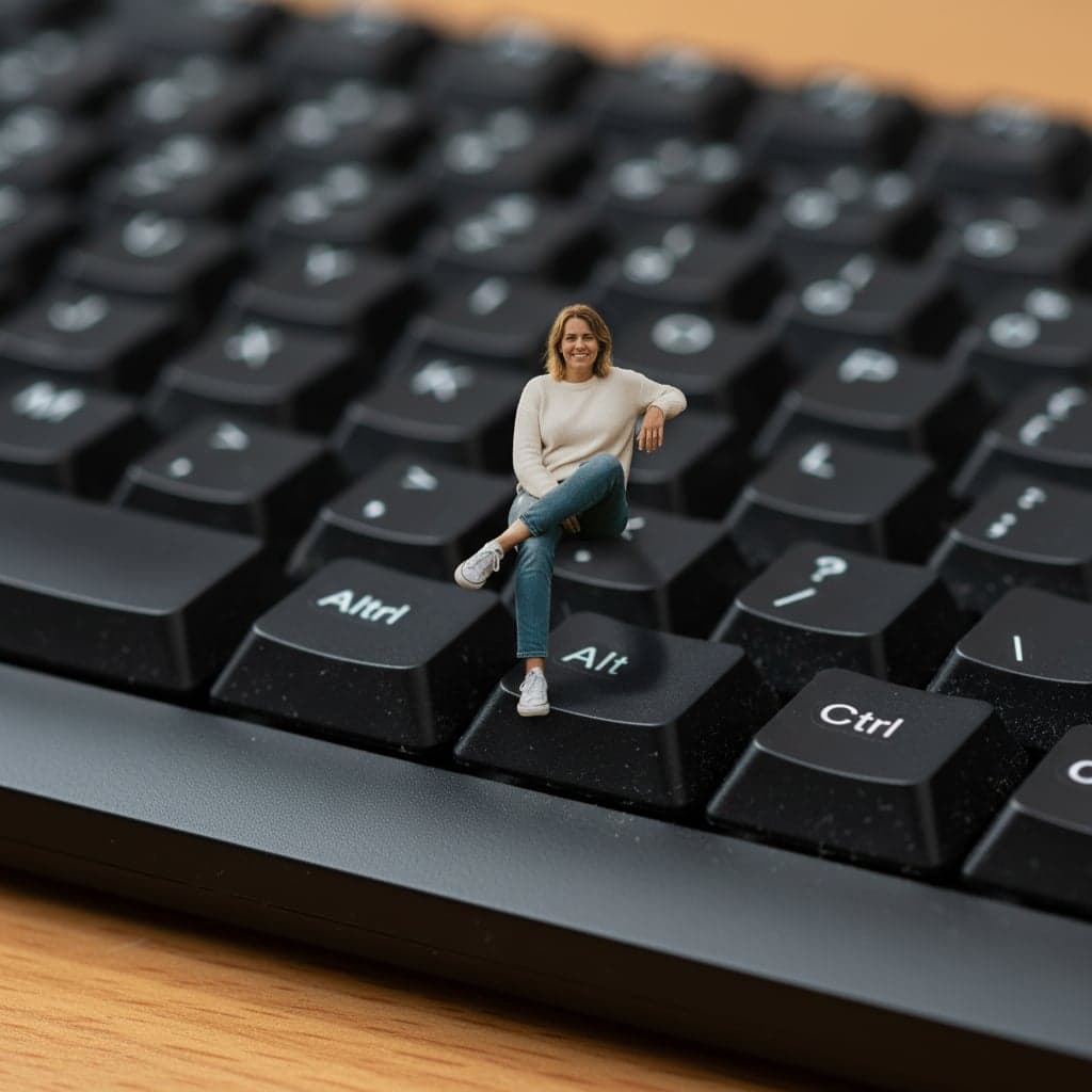 Hyper-miniature transformation - Tiny person sitting on keyboard spacebar with photorealistic scale manipulation