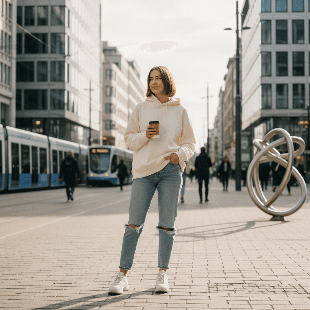 Miniature person walking on desk surface among office items with physics-accurate lighting