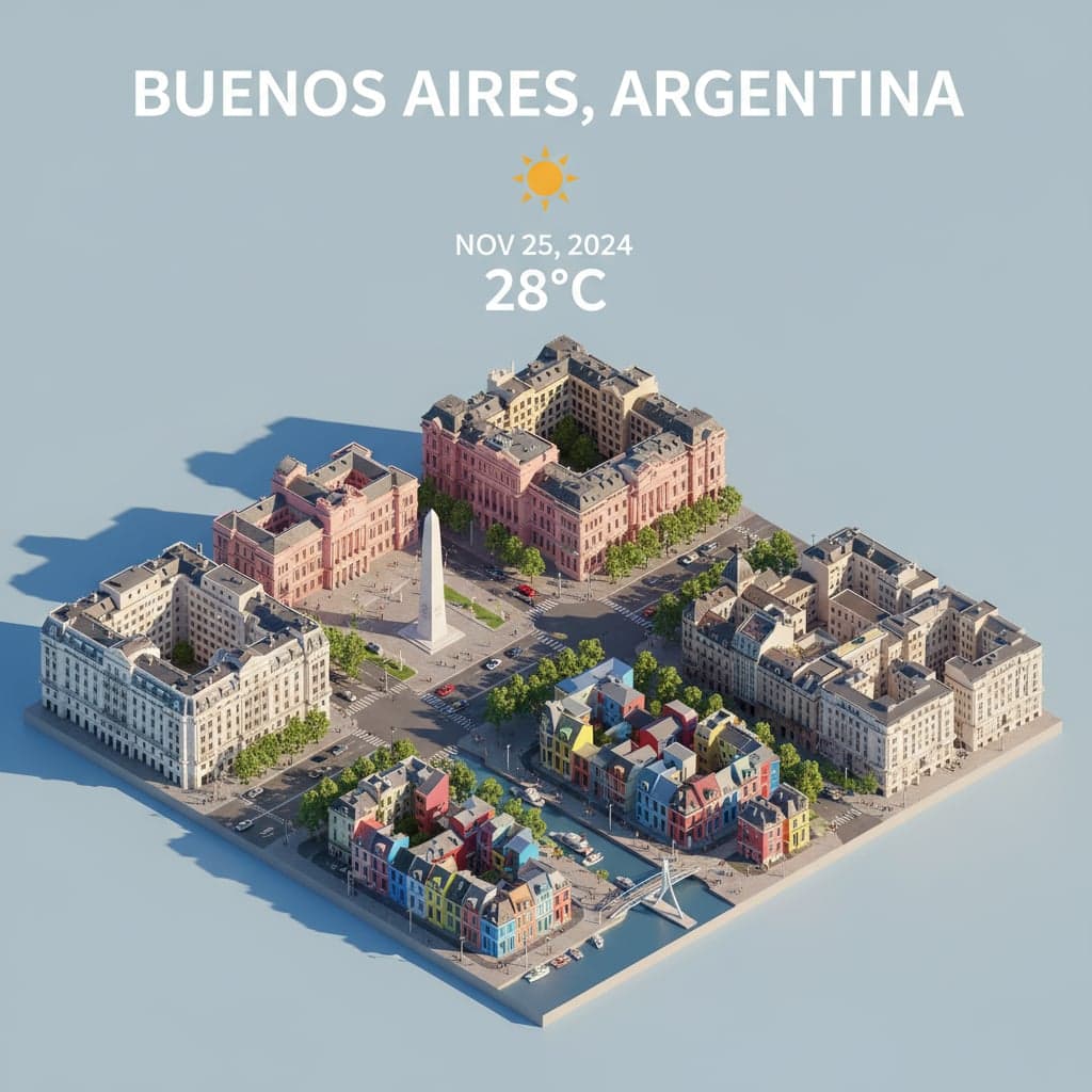 Isometric city scene of Buenos Aires, Argentina with Sunny weather