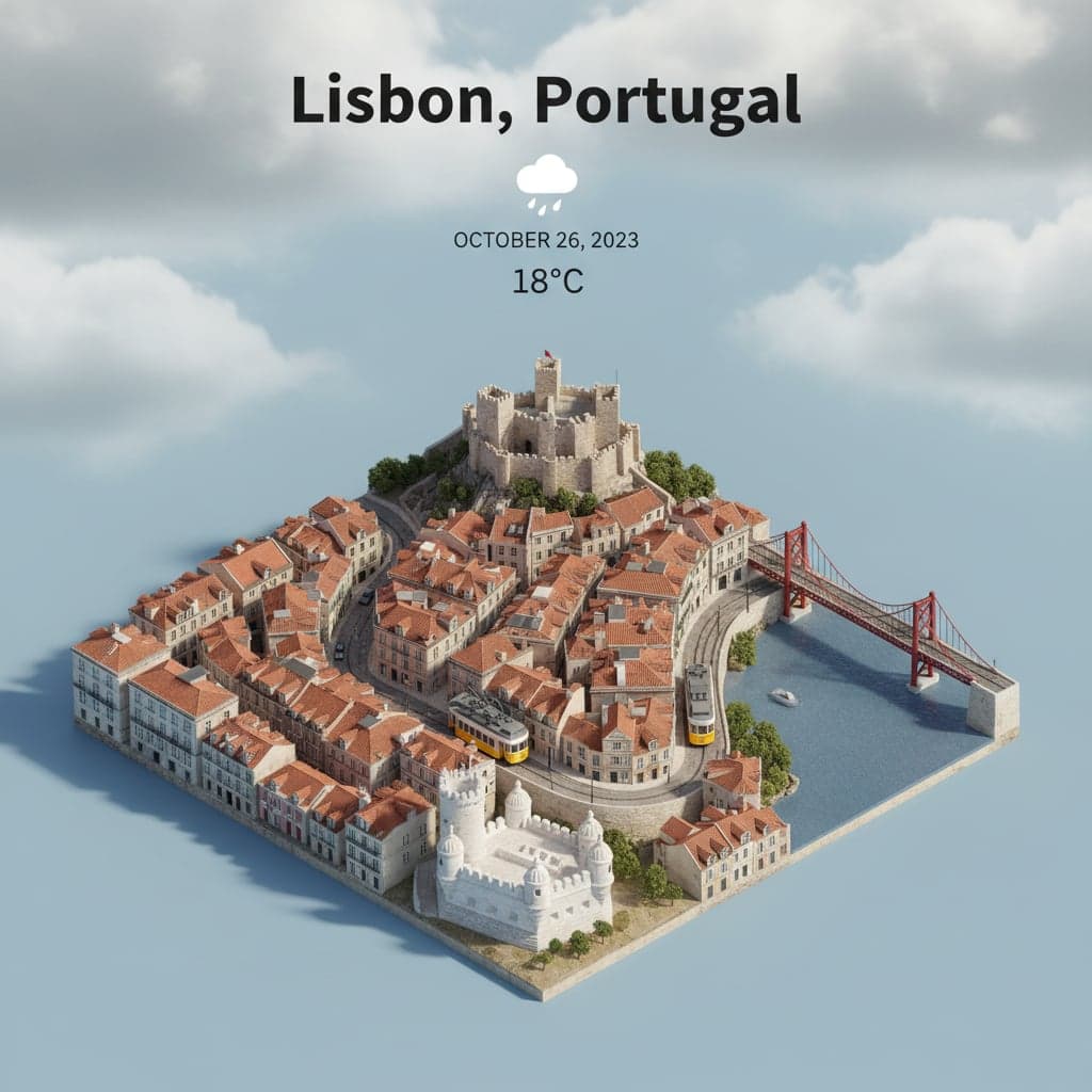 Isometric city scene of Lisbon, Portugal with Cloudy weather