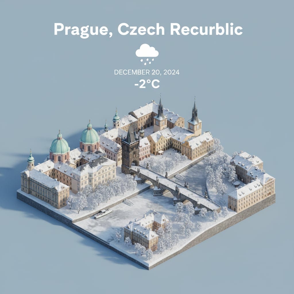 Prague isometric city scene with snow weather integration - AI-generated 3D miniature