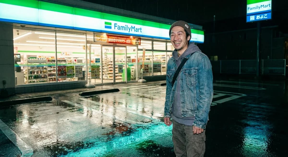 Konbini portrait - man at FamilyMart in rain, wet asphalt reflections