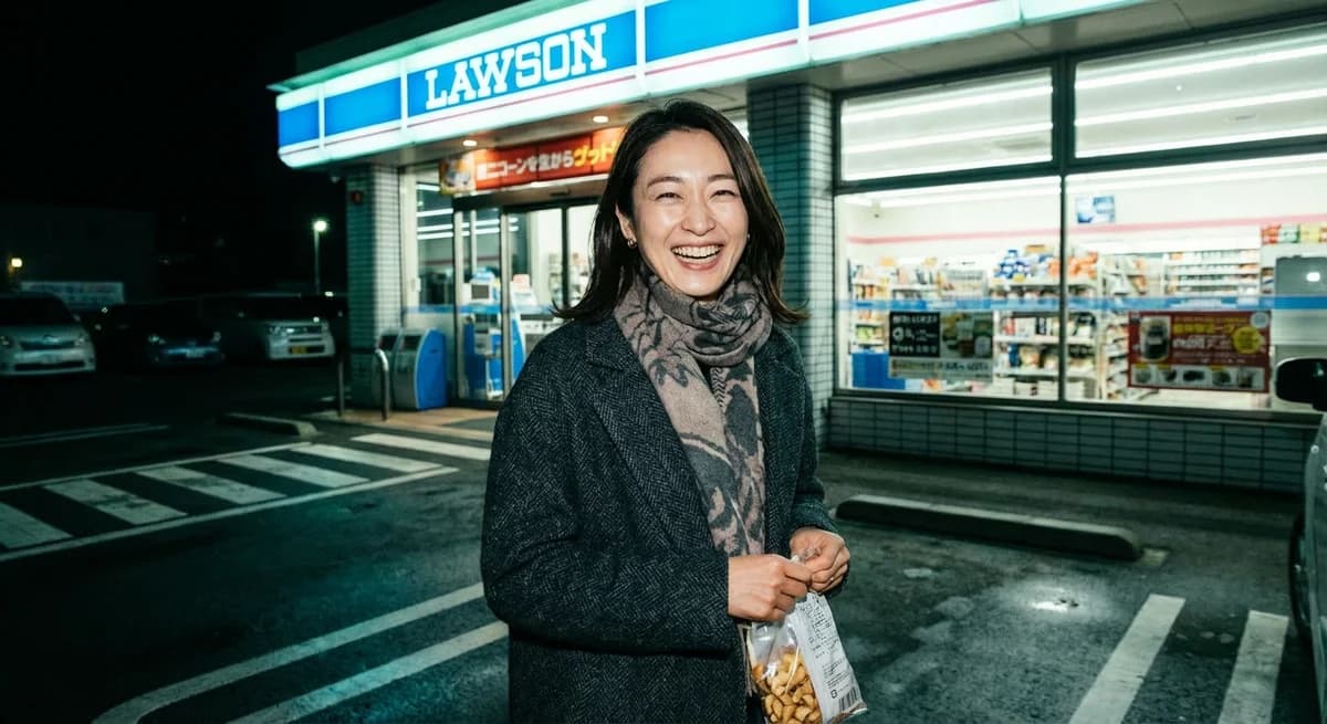 Konbini portrait - person at Lawson, clear night, single shot