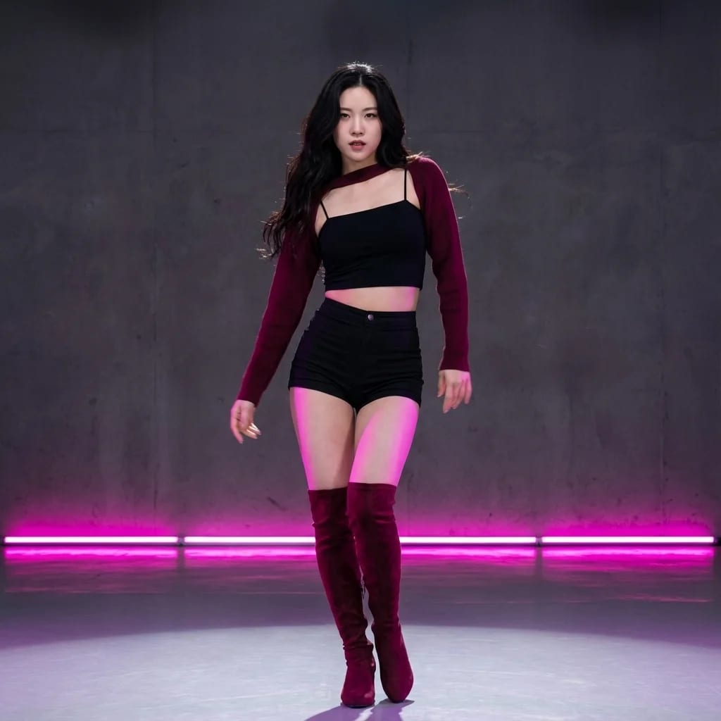 AI-generated kpop dance poses with professional MV neon stage lighting and dynamic choreography