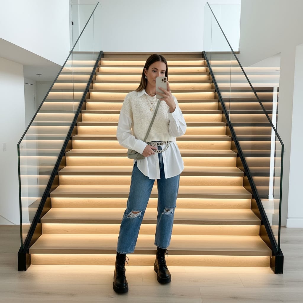 AI-generated mirror selfie in luxury LED staircase