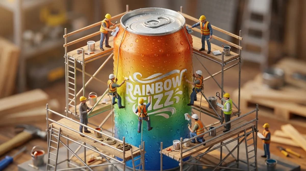 Soda Can with miniature workers - Miniature workers on scaffolding applying fresh logo