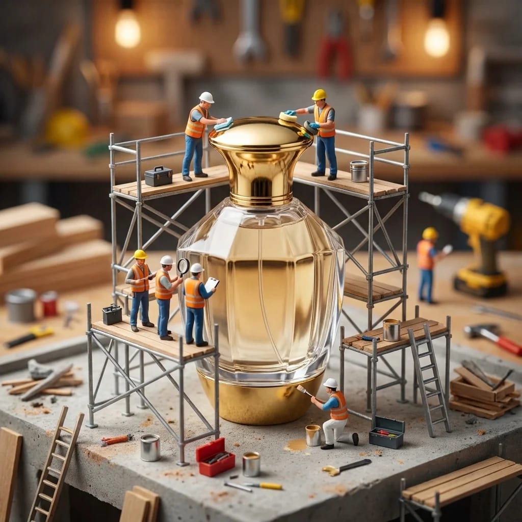 Perfume bottle with miniature workers construction scene