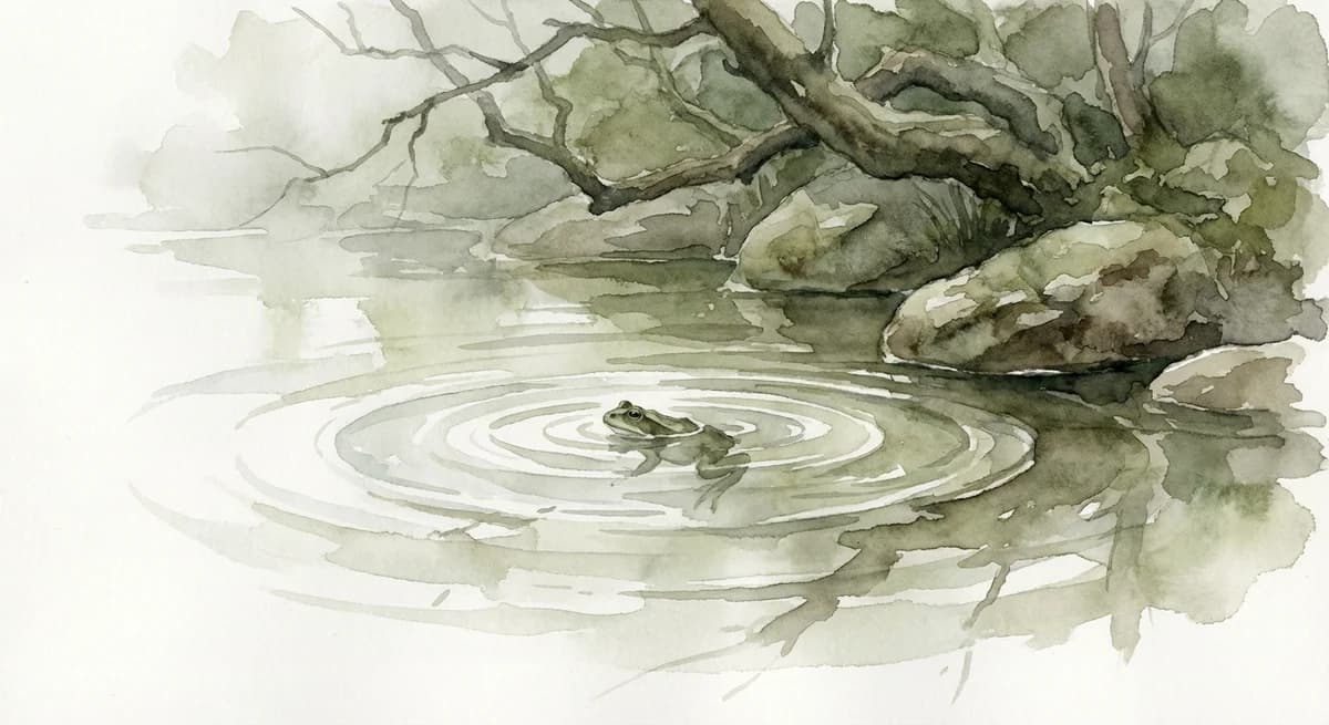 Watercolor illustration of Basho's famous frog haiku with serene pond scene