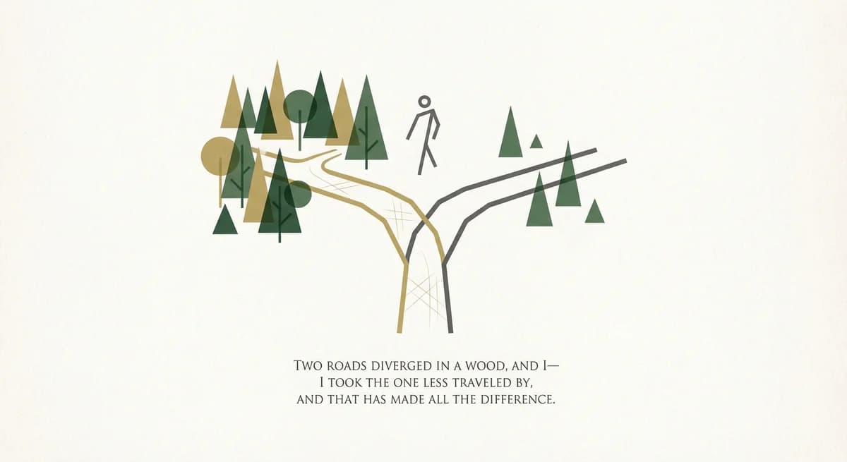 Minimalist illustration of Robert Frost's The Road Not Taken with diverging paths
