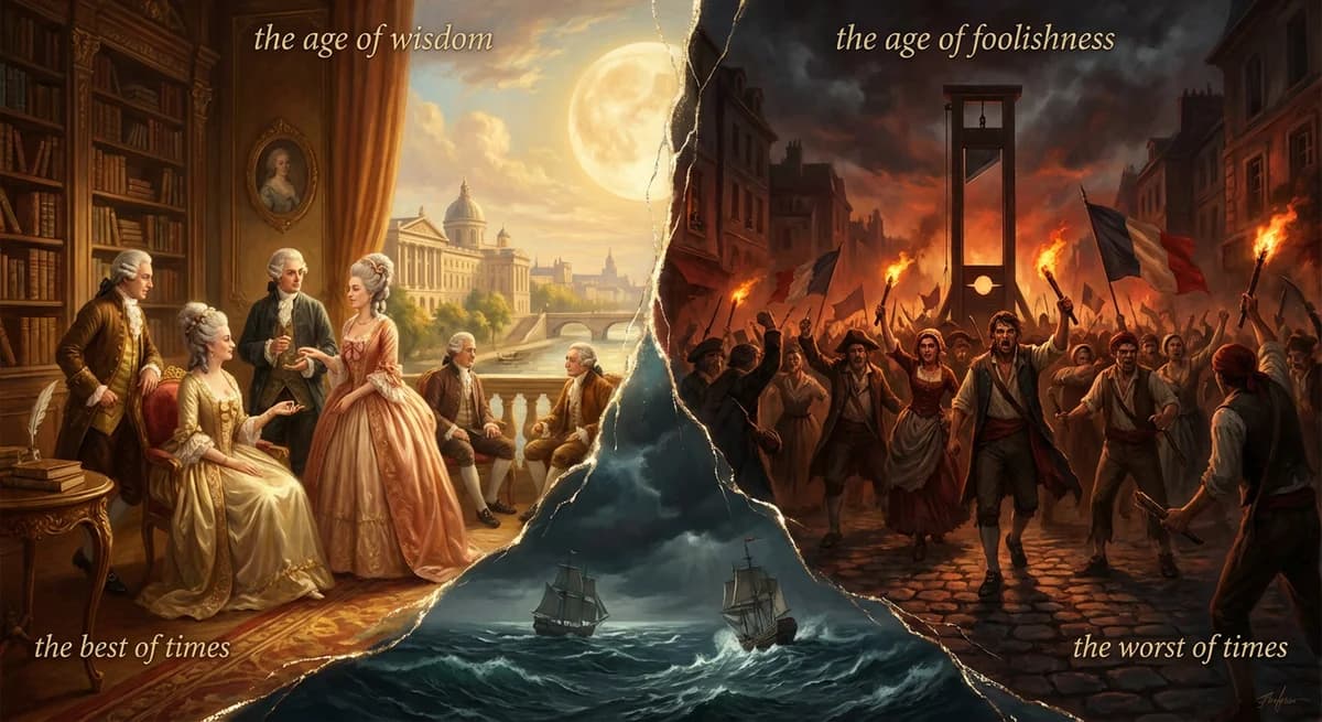 Cinematic illustration of opening from A Tale of Two Cities showing contrasting scenes