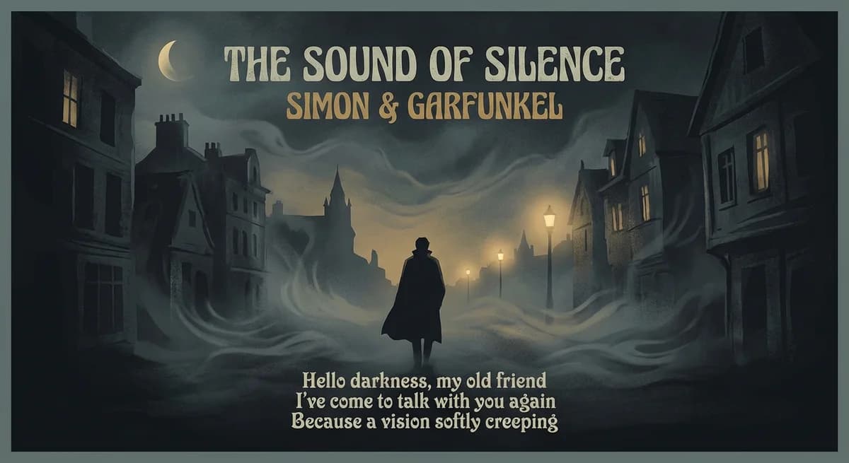 Album cover style illustration of The Sound of Silence lyrics with atmospheric darkness