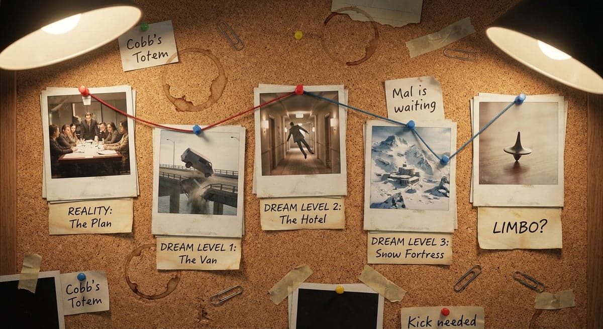 AI-generated Polaroid corkboard showing Inception movie plot with red string connections