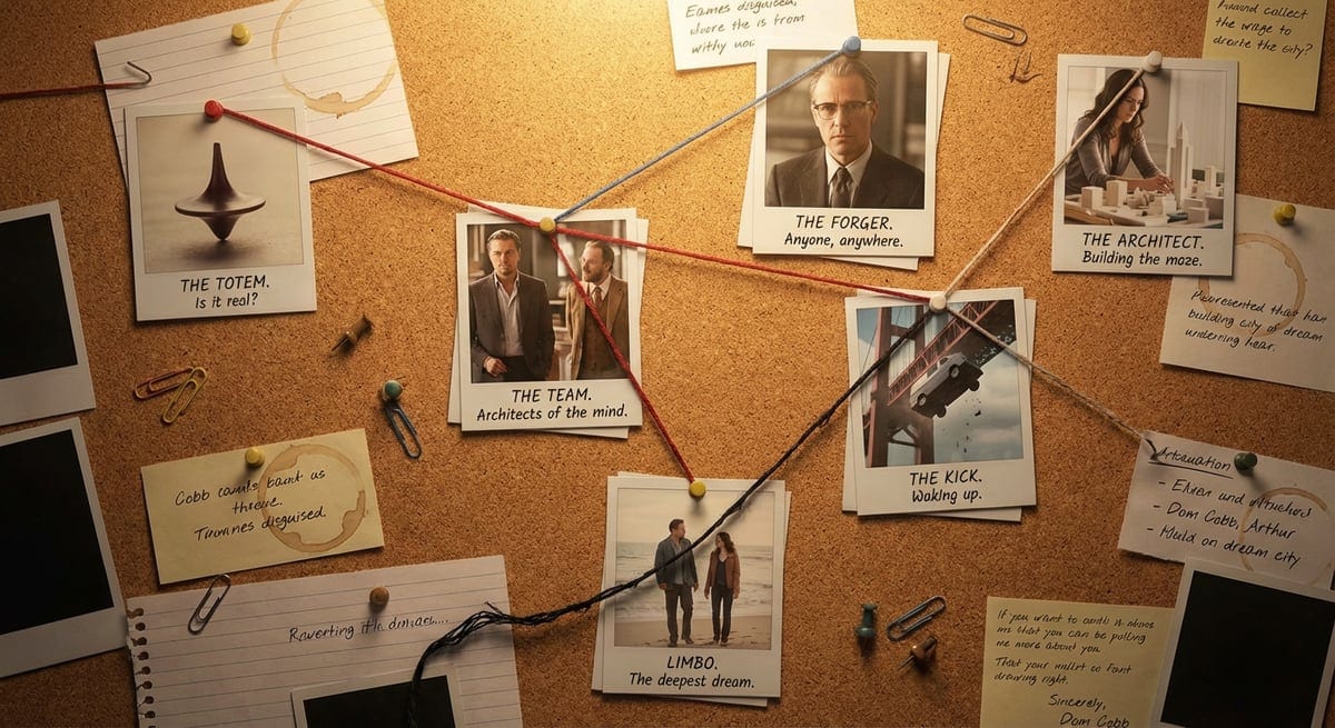 AI-generated Polaroid corkboard showing movie plot visualization with red string connections