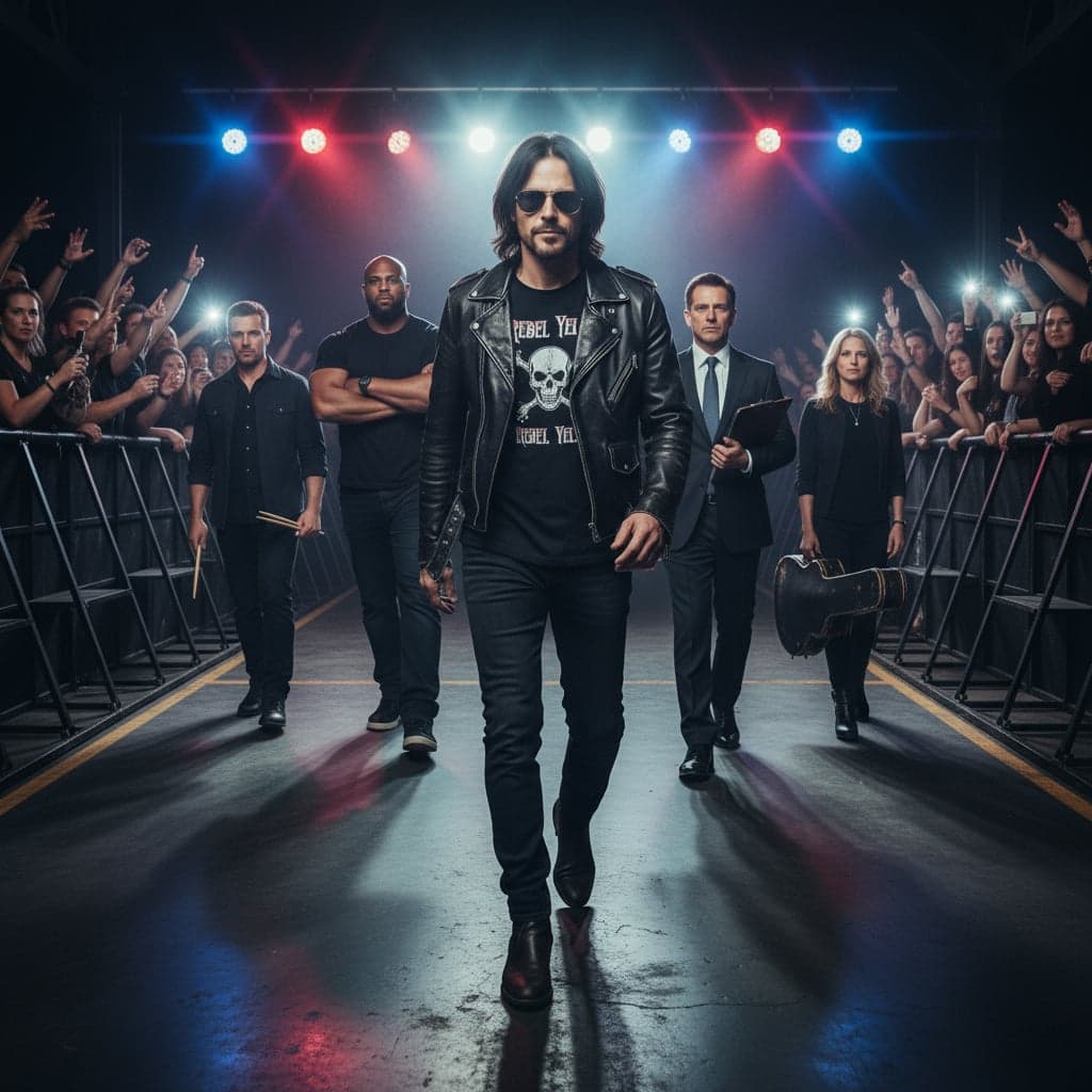 Rock star power walk with manager and band members