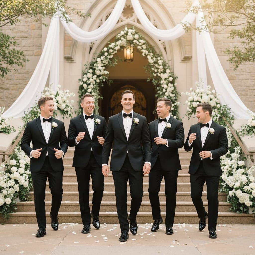 Wedding arrival with groomsmen