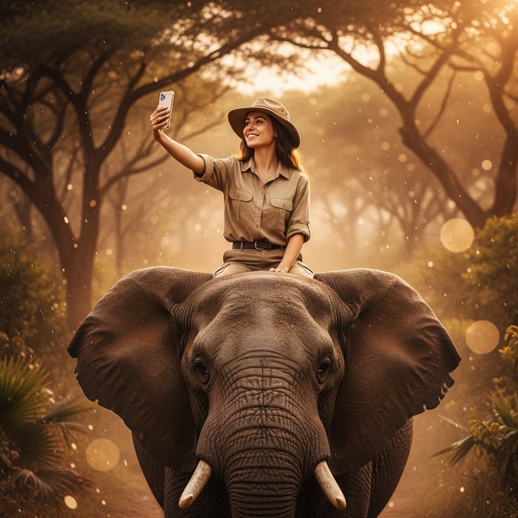 AI-generated elephant jungle safari photo with golden hour lighting and authentic safari outfit