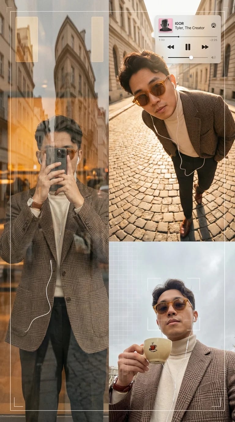 AI-generated streetwear collage with multi-panel editorial layout and warm amber tones