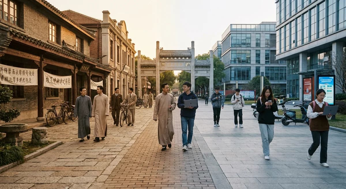 past and present photo of Fudan University campus