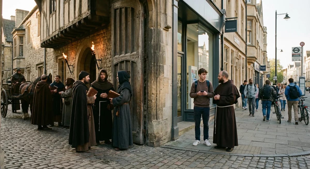 Then and now photo showing Oxford University medieval vs modern with seamless time-space fusion