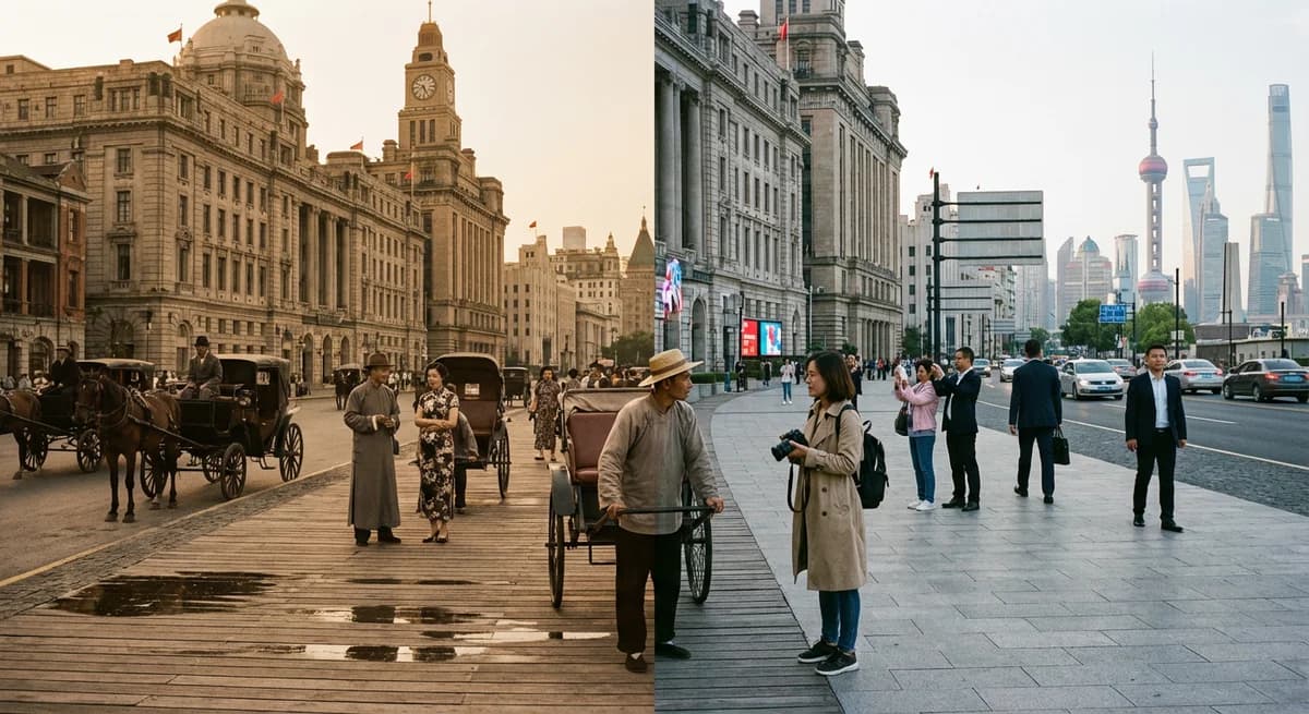 then and now photo of Shanghai Bund showing historical waterfront