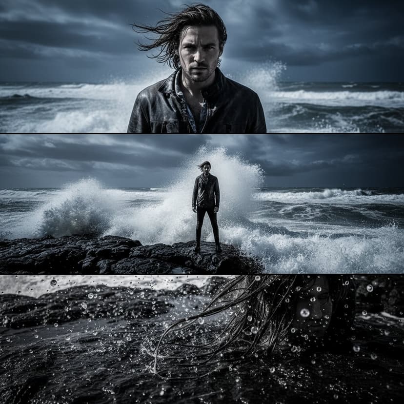 Vertical triptych showing dramatic ocean scene - windswept portrait, crashing waves, clenched fist detail