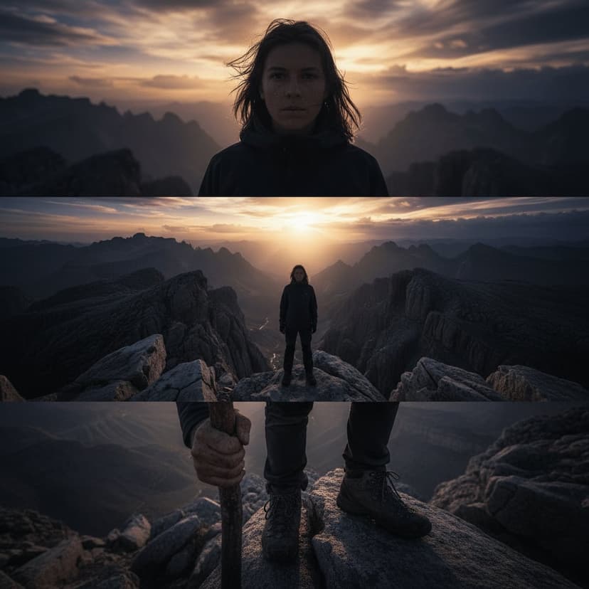 Vertical triptych showing dramatic solitude - cliff silhouette, vast canyon landscape, weathered hands detail