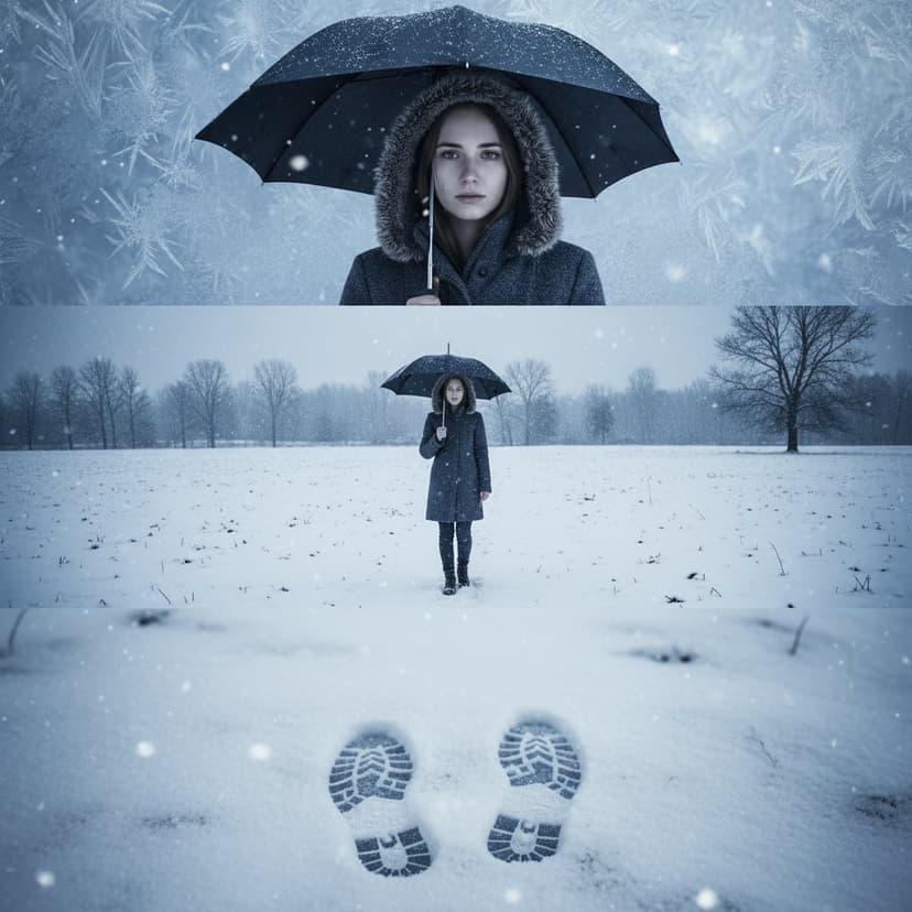 Vertical triptych showing melancholic winter story - portrait with umbrella, snowy landscape, close-up of sorrowful eyes