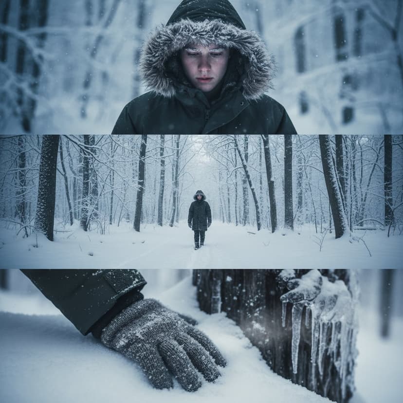 Vertical triptych capturing winter solitude - hooded portrait, snowy forest path, frosted eyelashes detail