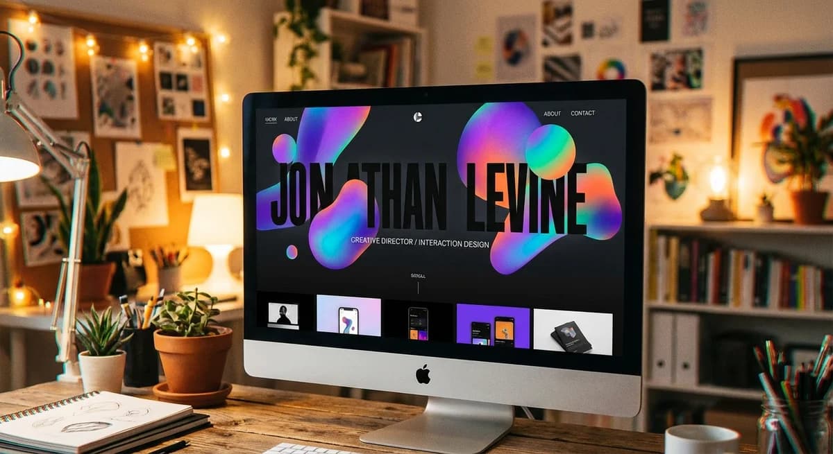 iMac mockup in creative studio environment with website displayed