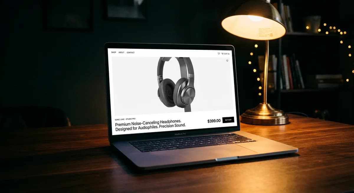 MacBook mockup in dark moody atmosphere with website displayed